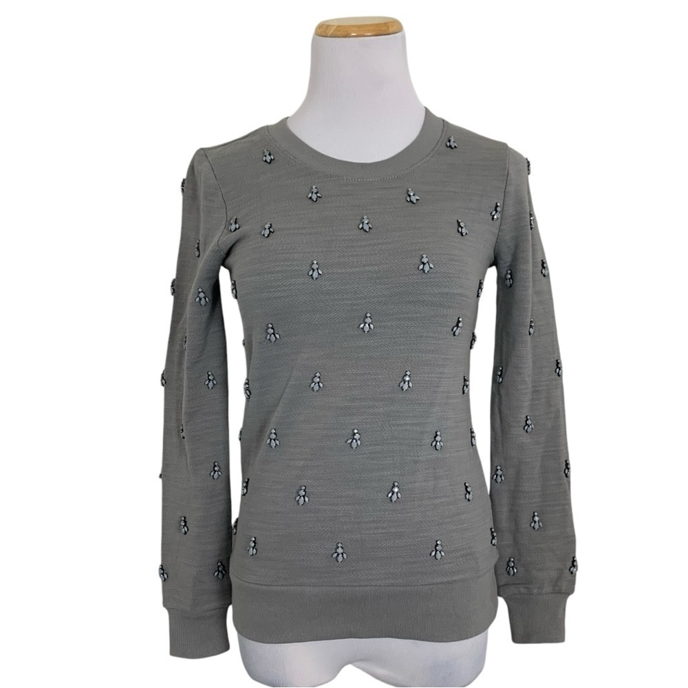 J. Crew Bejeweled Gray Pullover Sweatshirt Size XXS Embellished Cotton